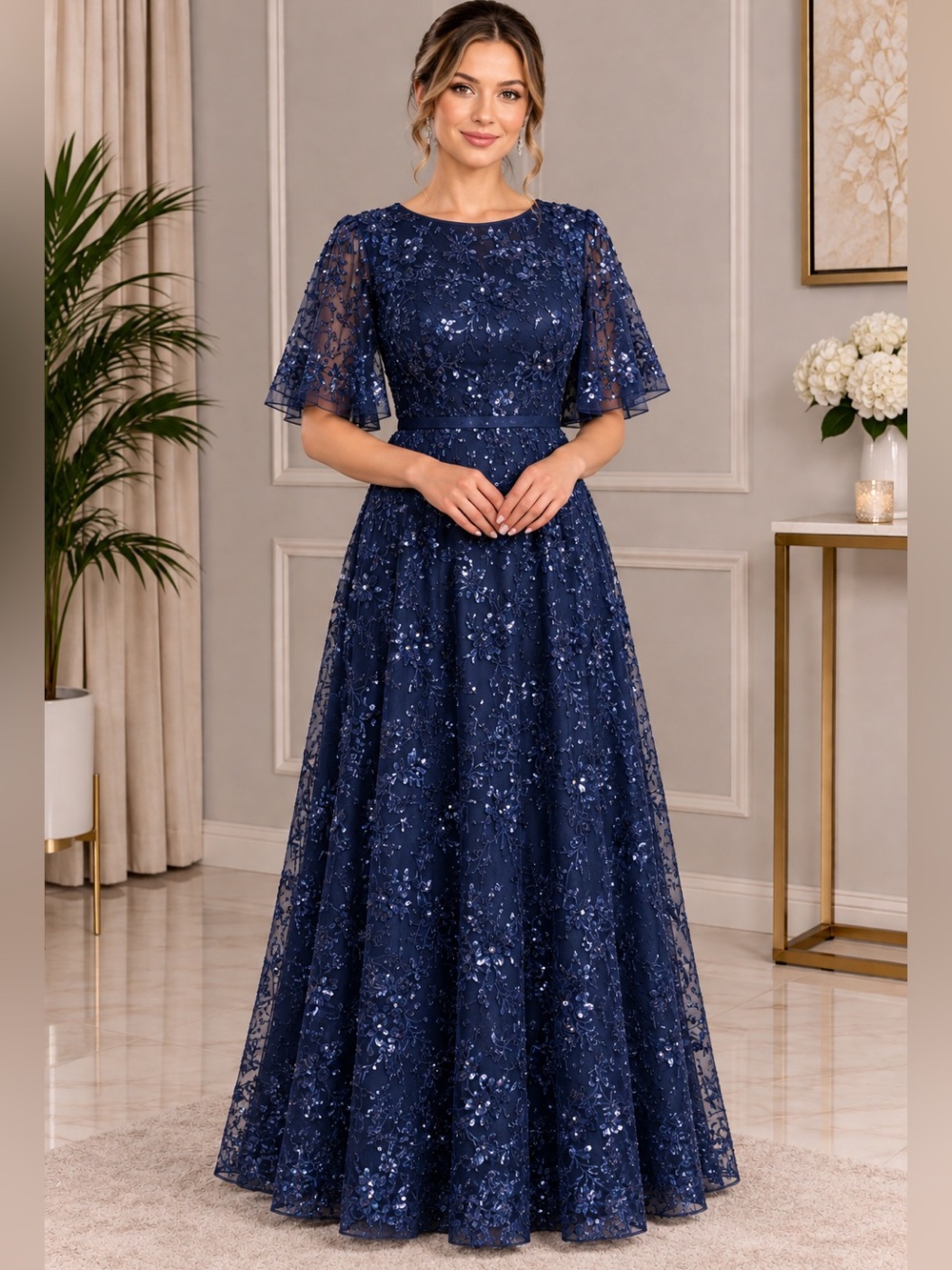 Elegant Navy Sequin A-Line Evening Dress